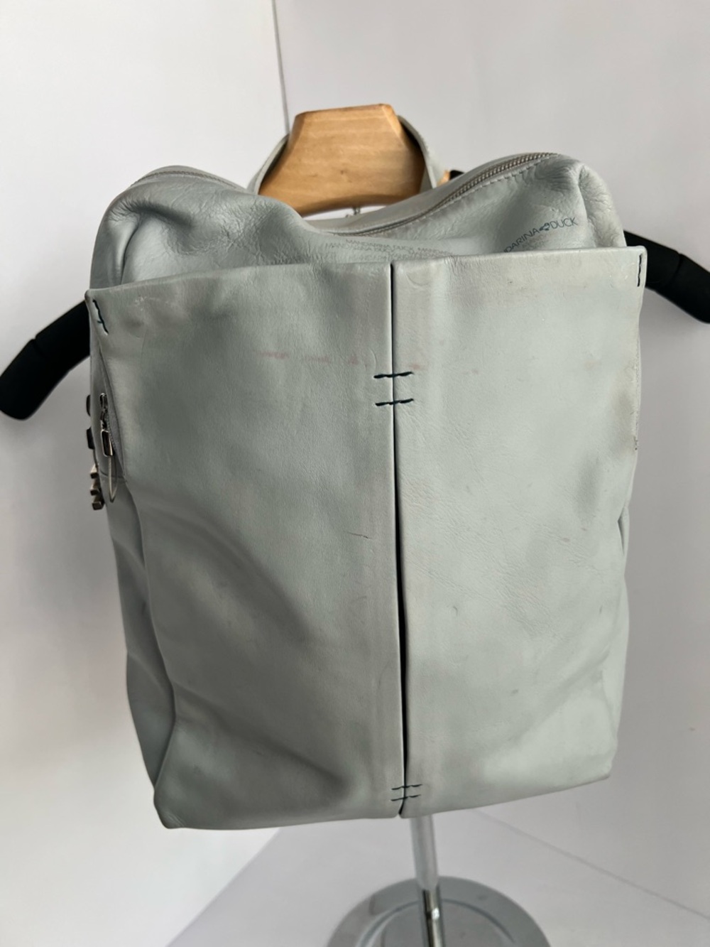 Mandarina Duck Light Gray Leather Shoulder Backpack Bag - Modern Italian Design